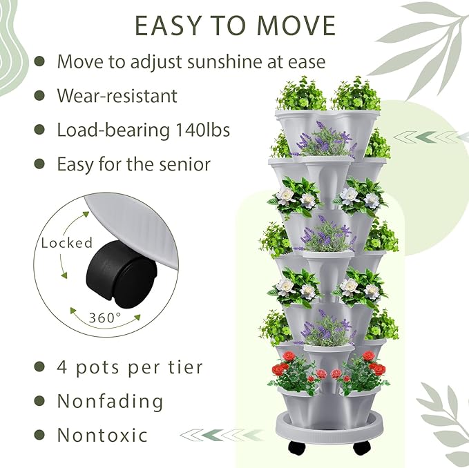 Umigy 1 Set Light Gray 7 Tier Vertical Planter Stackable Tower Planters Strawberry Herb Flower and Vegetable Pots Indoor Outdoor Gardening Pots with Removable Wheels and Tools