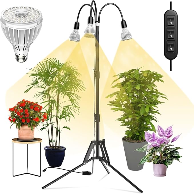 SANSI Grow Lights for Indoor Plants 96W Full Spectrum Grow Light No Dimmable 35-64 inches Detachable Tripod Standing Grow Lights High PPFD 3 Pack of Par25 32W Bulb Plant Lights for Indoor Growing