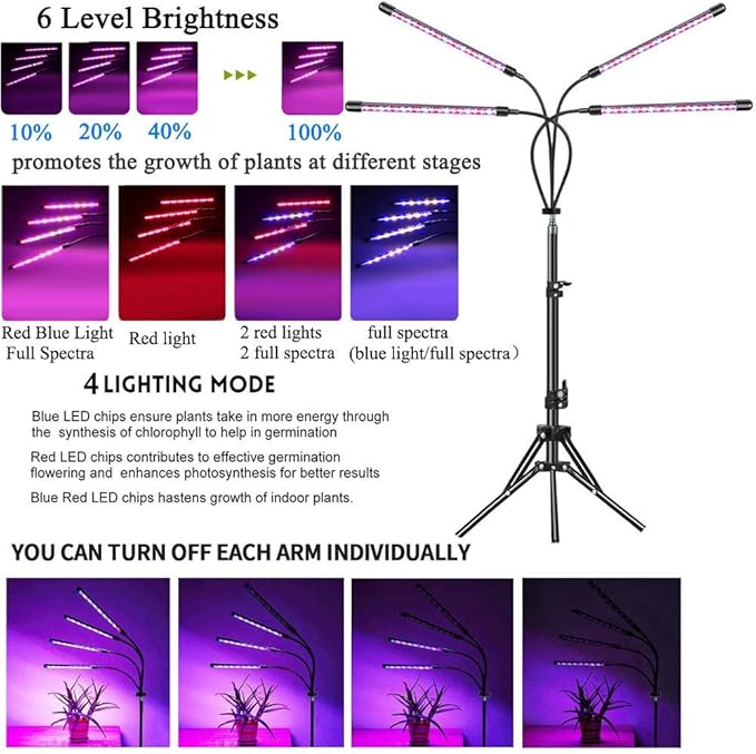 Grow Lights for Indoor Plants 4 Head LED Grow Light with Stand 84 Lamp Beads Full Spectrum Floor Plant Growing Lamps for Succulent and Seedling with Adjustable Tripod Auto Cycle Timer