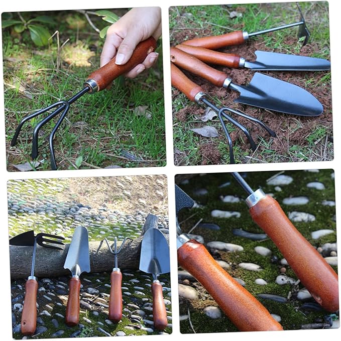 Uonlytech Garden Tool Set 4pcs Mini Hand Trowel Soil Scoop Narrow Shovel and 3-Prong Rake for Planting and Gardening Supplies