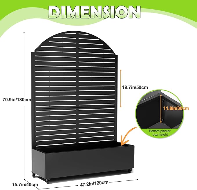 15.7×70.9×47.2 Metal Raised Garden Bed with Trellis and Wheels - Tall Trellis Planter Box for Climbing Plants Vegetables &amp Vines - Outdoor Privacy Planters for Patio (Black-Louvered)