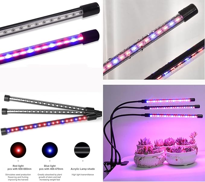 2-Pack Grow Lights for Indoor Plants Full Spectrum Three Head Clip-on Plant Lamp with Full Spectrum &amp Red Blue Spectrum 3/9/12H Timer 9 Dimmable Levels Suitable for Indoor Plants Growth