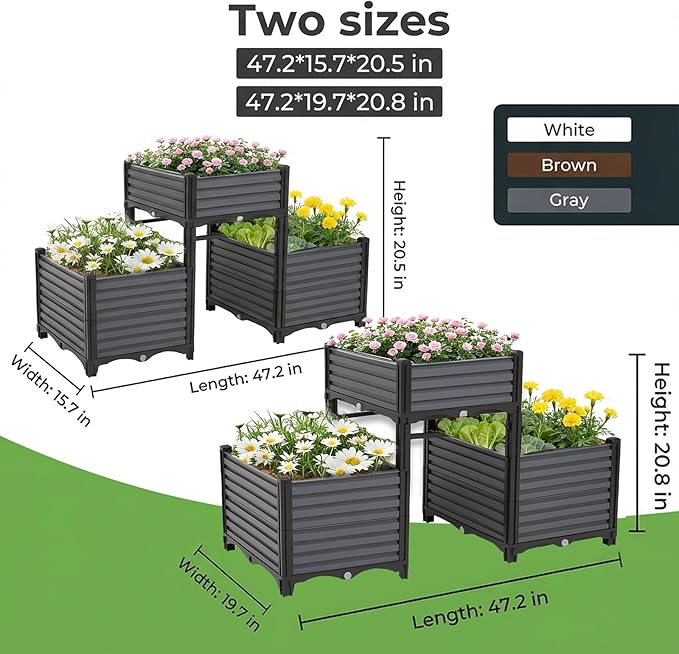 3PCS Raised Garden Beds Outdoor with Legs Planter Box 47x16x21in Reinforced Support Rods Drainage Grid Multi-Combination Options for Vegetables Flowers Herbs Ideal for Balcony Patio Gardening