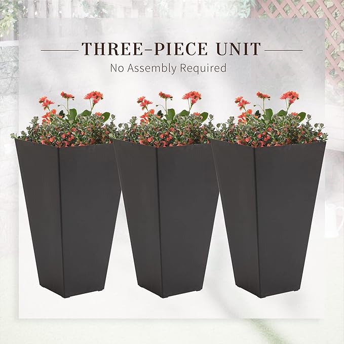 Set of 3 Tall with Drainage Hole 28 Outdoor Flower Pots Indoor for Porch Patio and Deck Brown