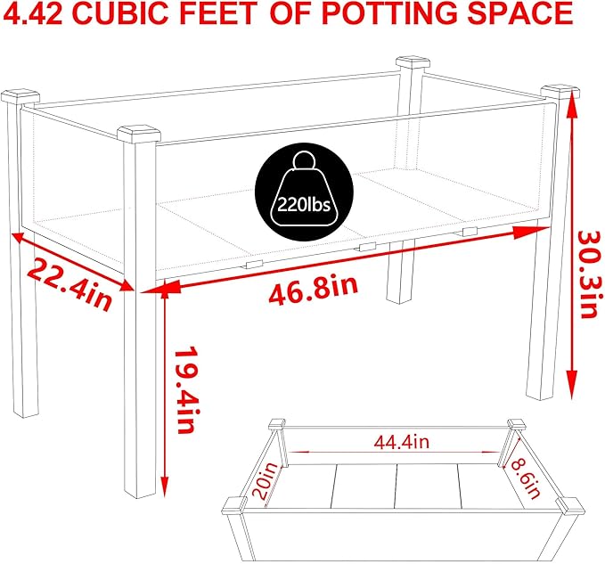 47x23x30in Raised Garden Bed with Legs Outdoor Elevated Wood Planted Box with Liner &amp Drainage Hole for Vegetable Flower Backyard and Patio Natural