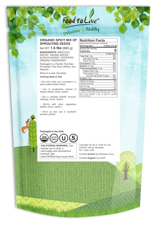 Food to Live Organic Spicy Mix of Sprouting Seeds 1.5 Pounds — Non-GMO Broccoli Radish Alfalfa Raw Rich Germination Rate Non-Irradiated Pure Kosher Vegan Superfood Bulk Rich Sulforaphane