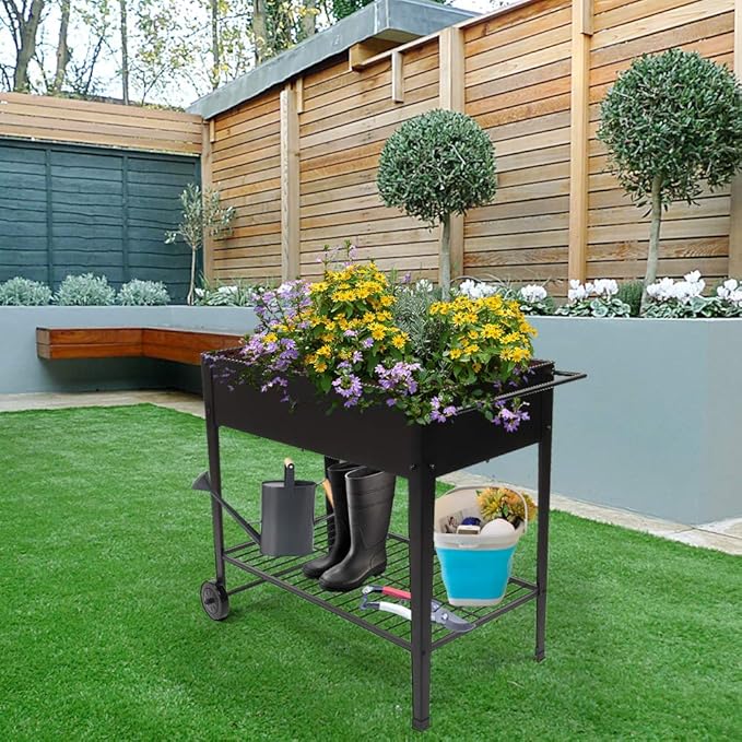 Outdoor Metal Planter Box Raised Garden Bed with Legs Outdoor Elevated Herb Planter Box Outdoor Mobile Overhead Planter Cart with Wheels for Vegetables Flowers Herbs Plants Patio (Black)