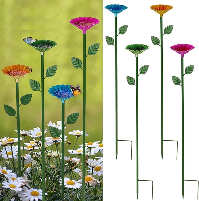 4 Pack Bee Watering Station Bee Bath for Garden Metal Bee Water Feeder with Flower Design Colorful Butterfly Bee Bath Bowl for Outdoor Garden Yard Decor (RedGreenBlueYellow)