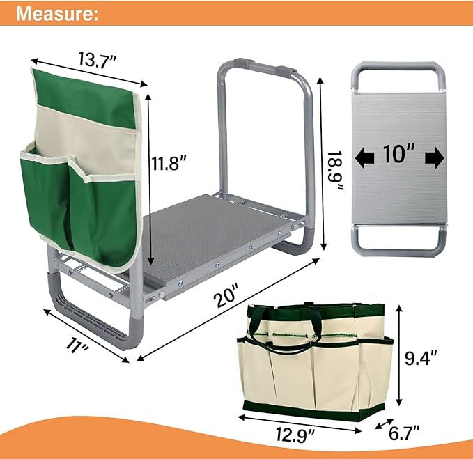 BDL Garden Kneeler Seat Foldable Durable Garden Stool with Tool Bag Pouch and Garden Gloves 330lb Capacity-Protects Your Knees Clothes from Dirt &amp Grass Stains