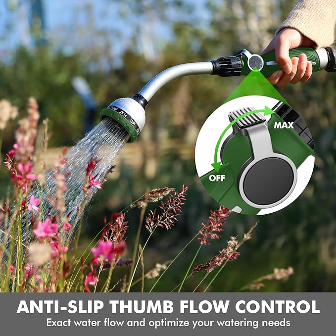 RESTMO Watering Wand Heavy Duty Metal Garden Hose Wand with 10 Spray Patterns 15-Inch Long Hose Nozzle Sprayer with Thumb Flow Control Ideal to Water Hanging Baskets and Shrubs Green