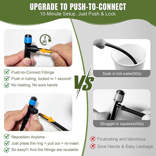 Drip Irrigation System Push-to-Connect Garden Watering System Kit for Raised Beds Expandable DIY Drip Irrigation Kit with 1/2 &amp 1/4 Tubing Adjustable Emitters Leak-Proof Connectors