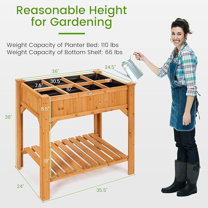 S AFSTAR Raised Garden Bed with Legs Wooden Elevated Planter Box with 8 Grids Divider &amp Protective Liner 35.5x24x36in Standing Garden Planter Bed for Vegetables Flowers Herbs on Deck Patio Backy