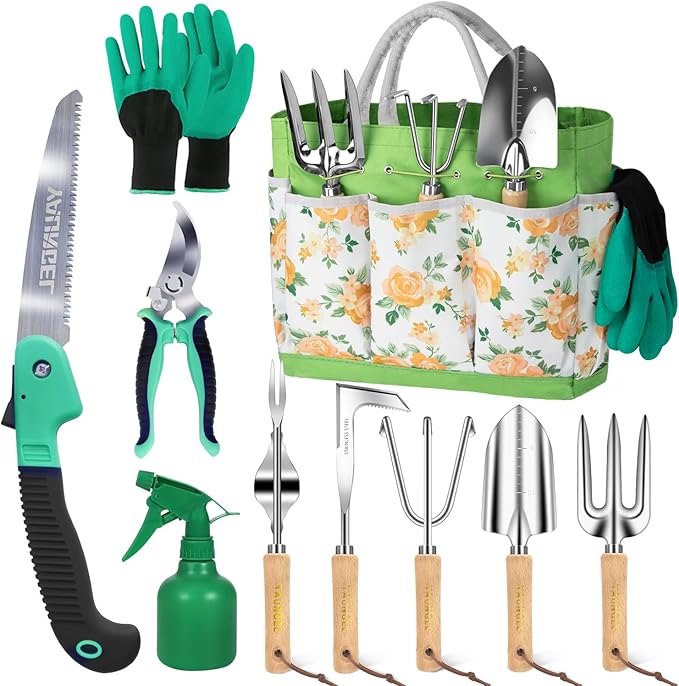 Gardening Tools - 10 Piece Heavy Duty Gardening Hand Tools Stainless Steel Garden Tools with Wooden Handle Storage Garden Bag Gardening Gifts for Women and Men