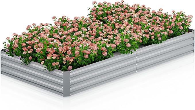 Magshion Raised Garden Bed 8 x 4 x 1 ft Galvanized Gardening Planter Box Open Bottom Design for Elevated Vegetables Flowers &amp Herbs Anti-Rust &amp Easy to Assemble Silver