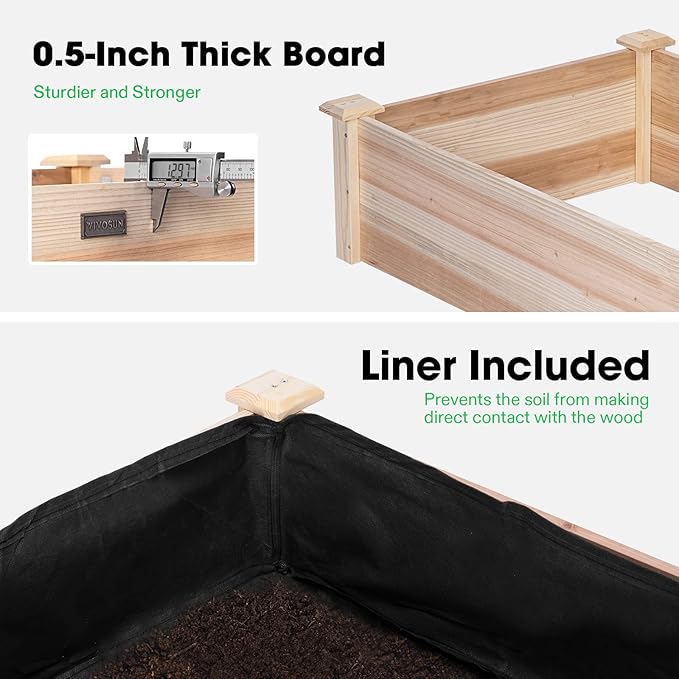 VIVOSUN 8×2Ft Wooden Raised Garden Bed 97 x 25 x 11 Inches Outdoor Wood Planter Box with Gloves and a Liner for Garden Patio Balcony Backyard and Outdoors (Pack of 2)
