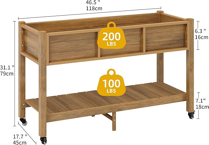 DWVO 47x18x31in Raised Garden Bed Outdoor HDPE with Legs and Lockable Wheels Weather-Resistant Poly-Wood Elevated Planter Box Herb Garden Bed for Backyard Patio Balcony Brown