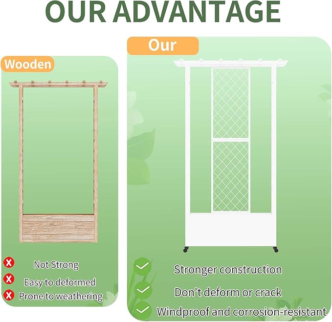 74 Mobile Planter with TrellisWeatherproof Vertical Raise Garden Bed with Trellis &amp Hanging Roof for Climbing PlantsFlowersVegetablesRust-Proof Metal Privacy Planter for Patio (White-A)