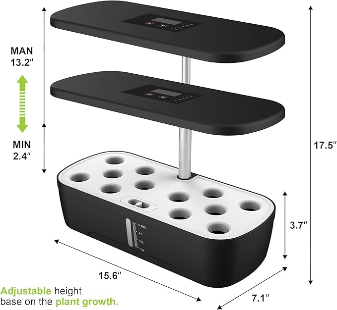 Black 12-Pod Hydroponics Growing System Earthless Growing System Indoor Garden Herb Garden Kit Smart Hydroponic Garden with LED Grow Light &amp Automatic Timer Adjustable Height