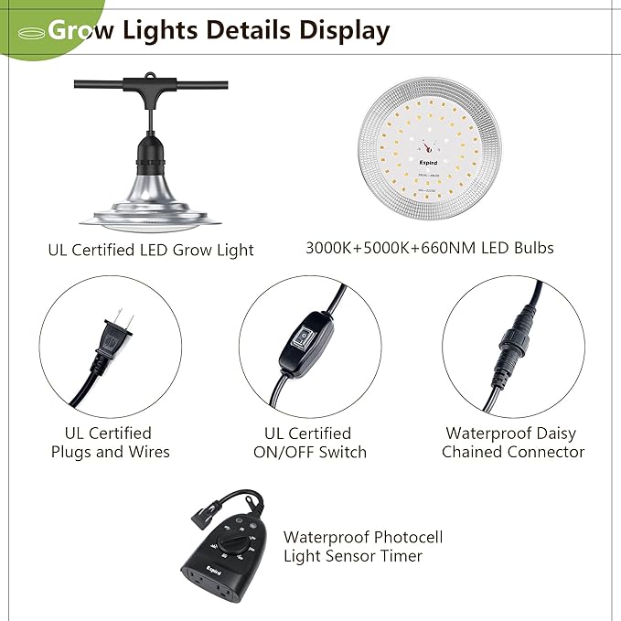 Espird Outdoor LED Grow Light with Timer 12-Light Full Spectrum Grow Light Strip Waterproof Plant Lamps UL Certified String Grow Lights for Greenhouse Garden 41FT Light for Veg Seedling Flower