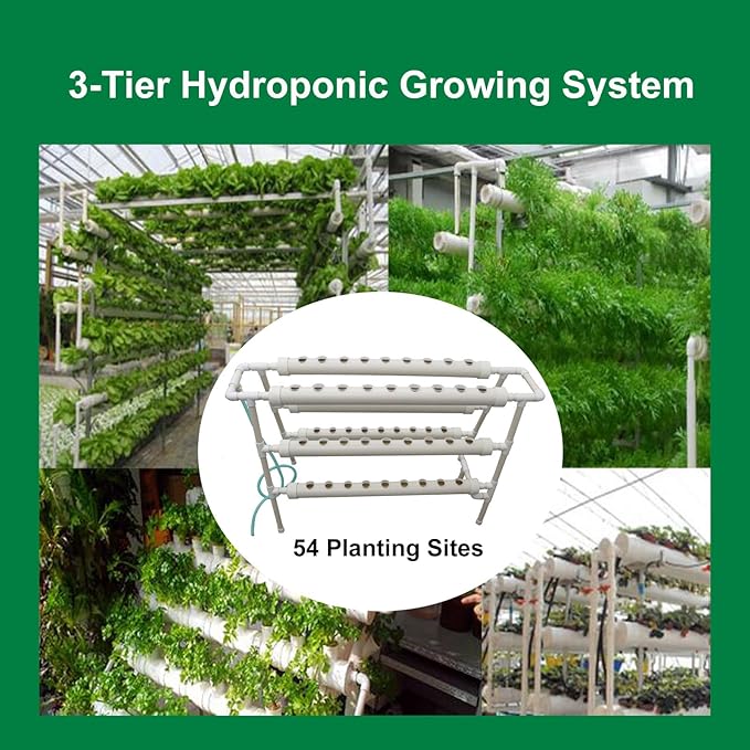 Hydroponics Growing System 54 Plant Sites 3 Layer 2 Rows Food-Grade PVC-U Pipes Hydroponic Grow Kit for Leafy Vegetables with 110V Water Pump