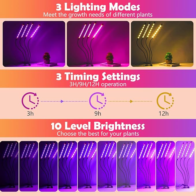 Grow Lights for Indoor Plants80 LED Plant Lights with Full Spectrum &amp Red Blue Spectrum 10 Dimmable Level 3/9/12H Timer3 Switch Modes Adjustable Gooseneck4 Heads Clip-On
