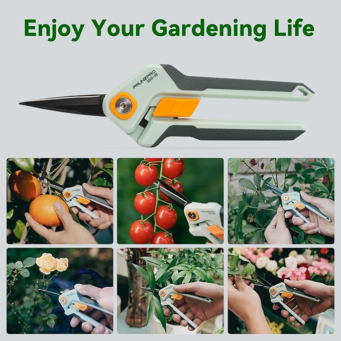 PrunePro Garden Scissors Pruning Shears Sharp Stainless Steel Non-Stick Teflon Coating Blade for Precise Cuts Garden Snip Bonsai Clippers for Plants Rose Flower Green &amp Orange