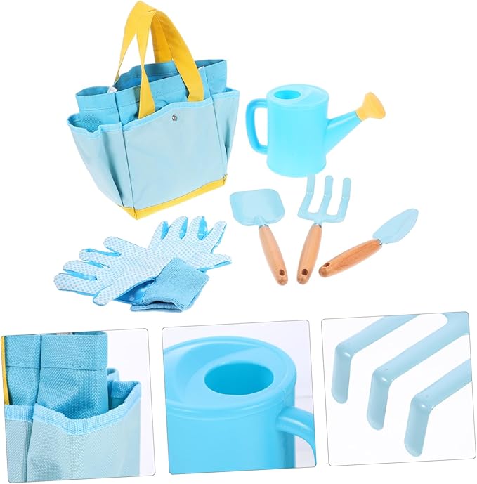 Garden Tool Set with Shovel Small Rake Watering Pot Wooden Handles for Outdoor Planting Soil Digging Weeding Transplanting Play