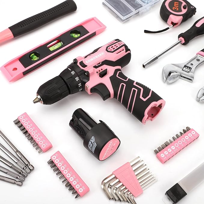 COMOWARE 12V Cordless Drill Set Pink Hand Tool Set with Cordless Drill Driver Complete Repair Tool Kit for Women Storage Bag Ideal for Office Garden Dorm and DIY Project