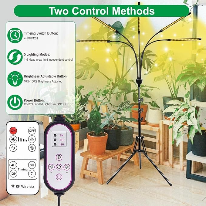 5-Head Adjustable LED Lights Full Spectrum Grow Lamp with Timer Warm White Light for Indoor Plants