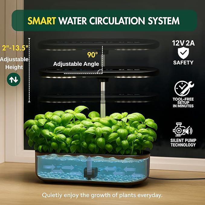 Hydroponics Growing System Kit Indoor Herb Garden 14 Pods Upgraded LCD Display LED Grow Light Quiet Smart Water Pump Automatic Timer Hydroponic Planter for Home Kitchen Office (Black)