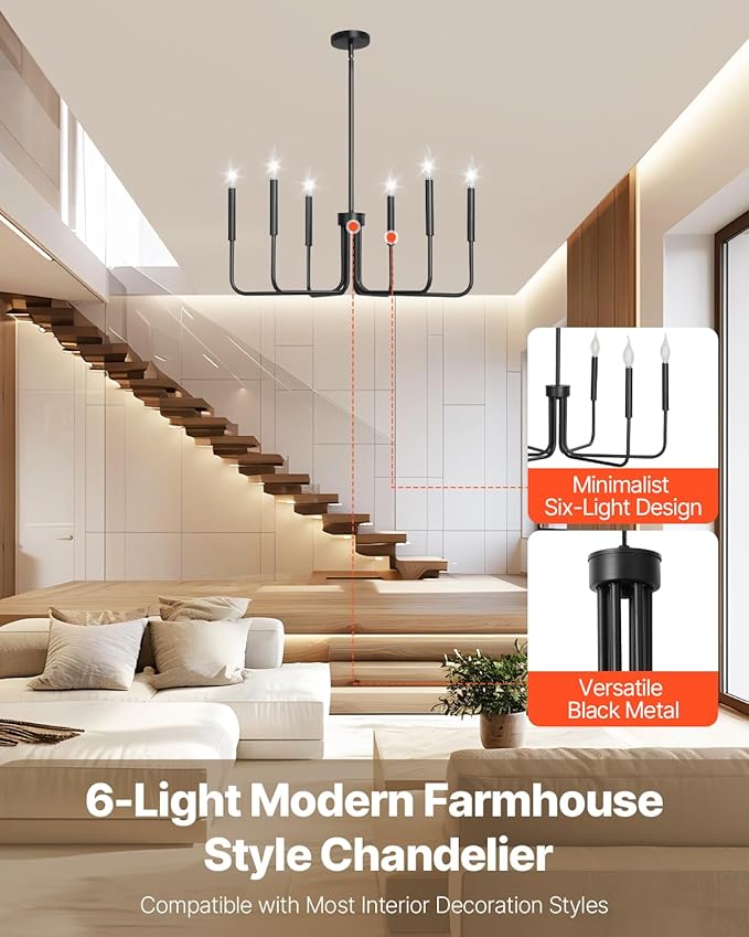 VEVOR 6-Light Chandelier Metal Farmhouse Chandelier Adjustable Height Dining Room Hanging Light Fixture for Ceilings Modern Chandelier for Bedroom Foyer Hall Kitchen Living Room and Entryway