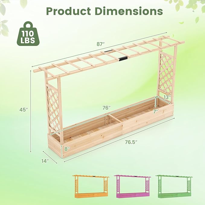 BECOMFORT Raised Garden Bed with Trellis &amp Hanging Roof 45 Tall Fir Wood Planter Box with Drainage Holes Outdoor Elevated Garden Planter for Climbing Vines Perfect for Patio Lawn &amp Backya