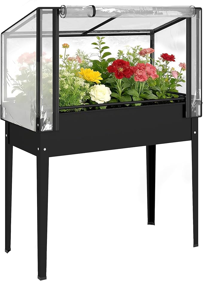 Outsunny Raised Garden Bed with Flip-Up Greenhouse Cover Metal Elevated Garden Bed with Legs and Drainage Hole Outdoor Raised Planter Box for Vegetables Herbs Flowers 39.4 x 18.9 x 52.8 Black