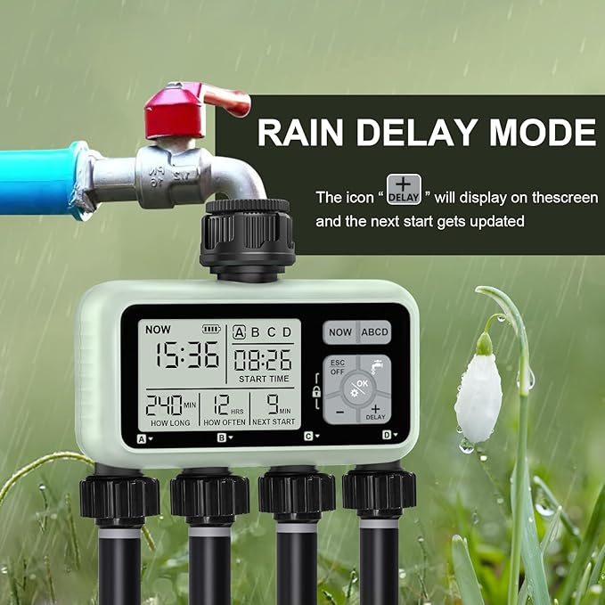 Watering Timer 4 Zone Sprinkler TimerProgrammable Garden Outdoor Hose Faucet Timer with Rain Delay/Manual/Automatic Watering SystemWater Hose Irrigation Timers 4 Outlet for Garden