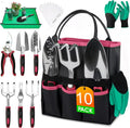 WOWBOX Garden Tools Set - 10 PCS Heavy Duty Gardening Hand Tools Kit with Storage Tote Rust-Resistant Gardening Supplies for Planting with Non-Slip Ergonomic Handle for Women and Men (Red)