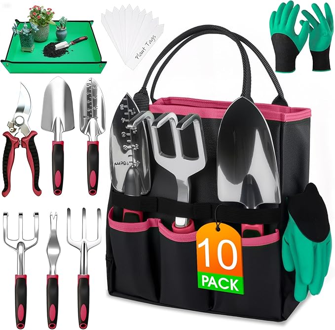 WOWBOX Garden Tools Set - 10 PCS Heavy Duty Gardening Hand Tools Kit with Storage Tote Rust-Resistant Gardening Supplies for Planting with Non-Slip Ergonomic Handle for Women and Men (Red)