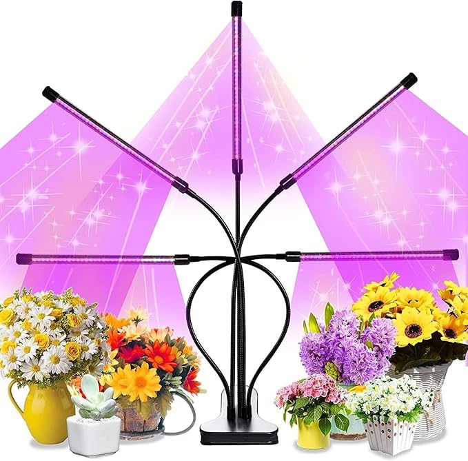 LED Grow Light 4-Head Plant Growing Lamp with Timer 9 Dimming Levels 3 Light Modes USB Powered Flexible Gooseneck (Red Blue Light)