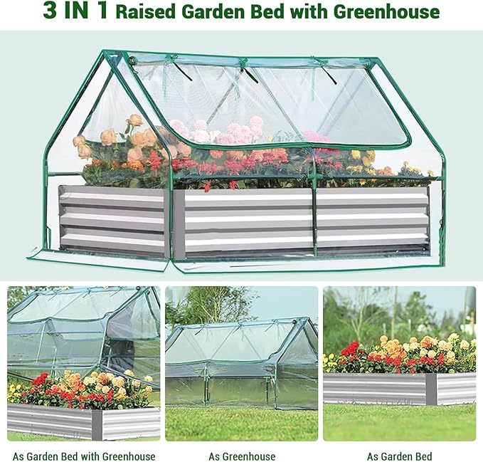 Raised Garden Bed with Greenhouse Outdoor Galvanized Metal Planter Box Kit with 2 Large Screen Windows and 1 Pair of Gloves 6x3x3 FT 3-in-1 Gardening Set for Vegetable Flower Herb Succulent Clear