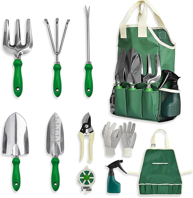 Green Garden Tool Set - 11 Pieces Heavy Duty Stainless Steel Gardening Tool Set with Storage Bag Kraft Box Packaging for Men and Women