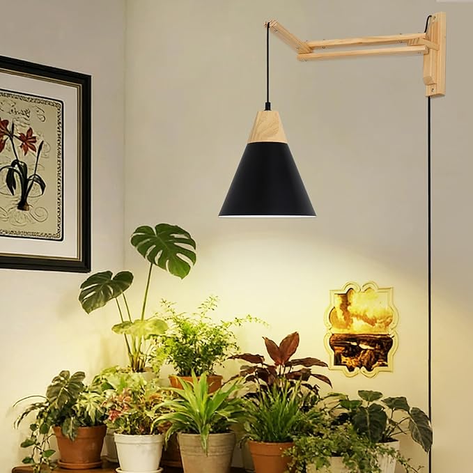 HMVPL Hanging Grow Lights for Indoor Plants Full Spectrum Plant Light for Indoor Growing with 20W COB Grow Light Bulb Wall Mounted Grow Light with Swing Arm 4/8/12H Timer for Large Small Plant