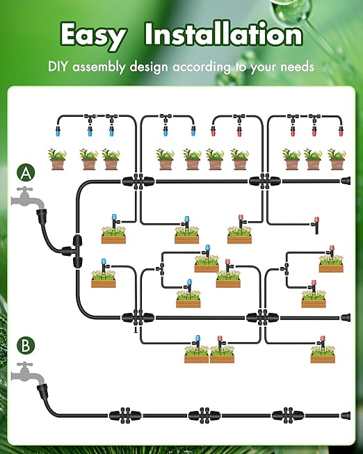 240FT Drip Irrigation System Kits - Automatic Garden Watering Sprinkler with 1/2 &amp 1/4 inch Tubing Hose Patio Misting Plant Irrigation Water Equipment Quick Connector for Greenhouse Flower Beds La