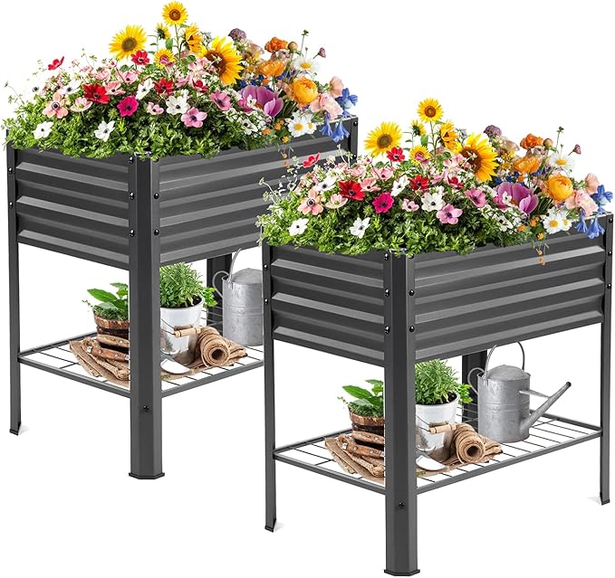Raised Garden Bed with Legs and Shelf 2pcs 32x20x31.5 Elevated Metal Planter with Legs for Outdoor Vegetables and Herbs Standing Raised Beds for Balcony Patio Lawn and Backyard
