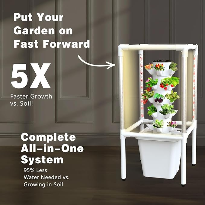 Garden Hydroponic Growing System30 Hole Hydroponics Towerwith LED Grow Light Indoor Smart Garden Kit Aeroponics Growing Kit with Hydrating PumpAdapterNet PotsTimer