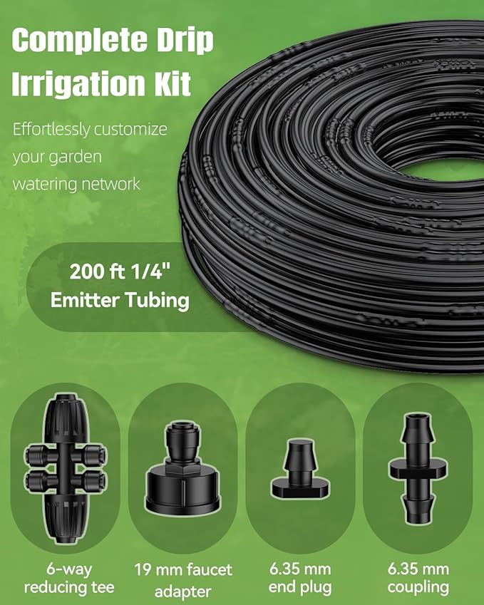 Pawfly 200 ft 1/4 Drip Irrigation Tubing 1/4 Emitter Tubing with 6 Spacing Polyethylene Drip Line with 24 Parts Black Distribution Tubing for Drip Irrigation System Drip Irrigation Hose Roll