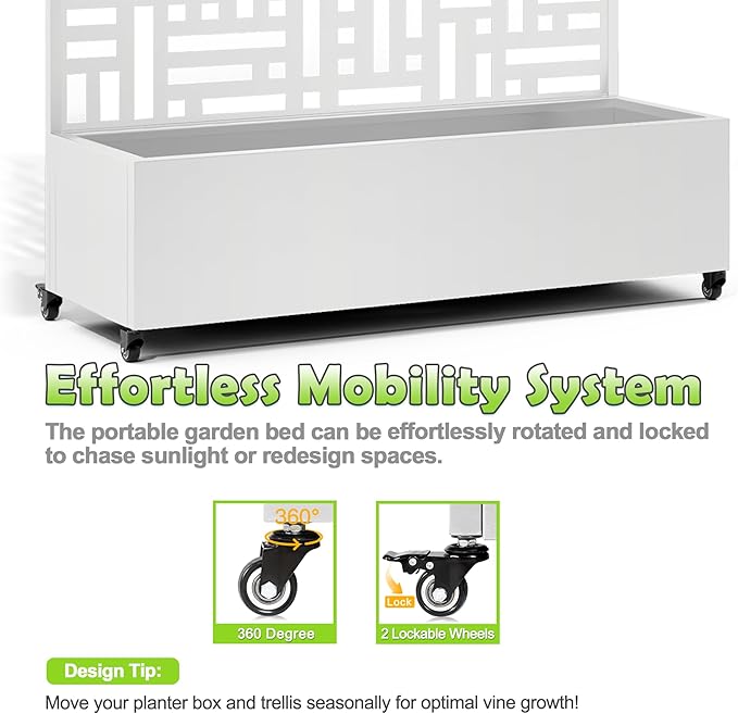 15.7×70.9×47.2 Metal Raised Garden Bed with Trellis and Wheels - Tall Trellis Planter Box for Climbing Plants Vegetables &amp Vines - Outdoor Privacy Planters for Patio (White-Helen)
