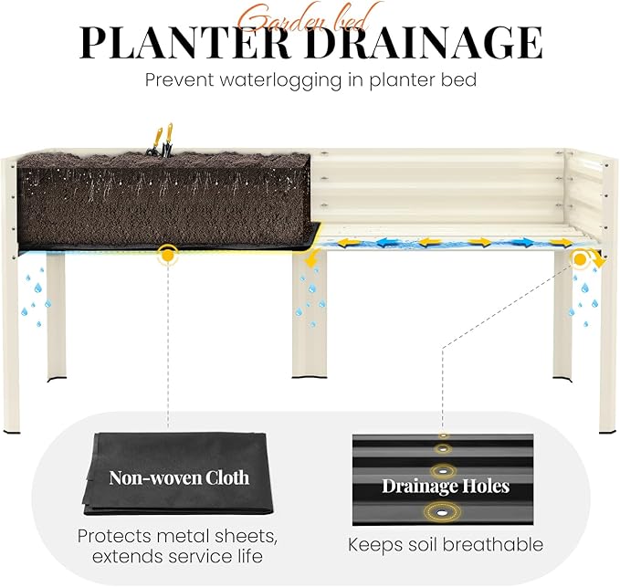 KING BIRD Large Raised Garden Bed with Cover Galvanized Elevated Planter Box with Legs 72×23×55 in for Backyard Patio Balcony 700lb Capacity Beige