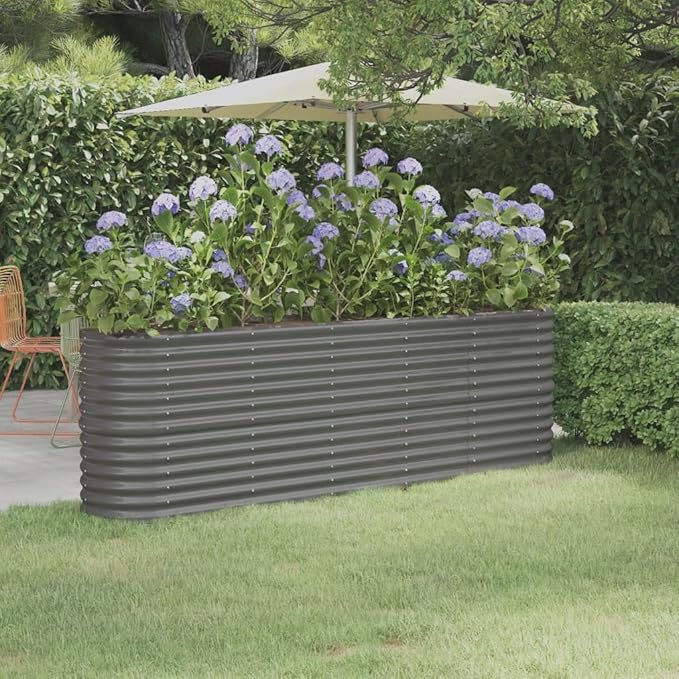 Garden Raised Bed Grey Powder-Coated Steel 88.2x15.7x26.8 in Oval Outdoor Planter for Vegetables Herbs Flowers Durable Design