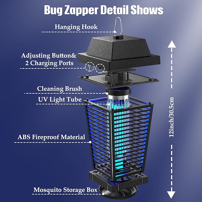 PALONE Solar Bug Zapper 4500V Electric Mosquito Zapper Outdoor Updated Fly Zapper Indoor Rechargeable Mosquito Killer with Solar Panel &amp Type-C Cable Fly Trap with UV Light for Flies Gnats Moths