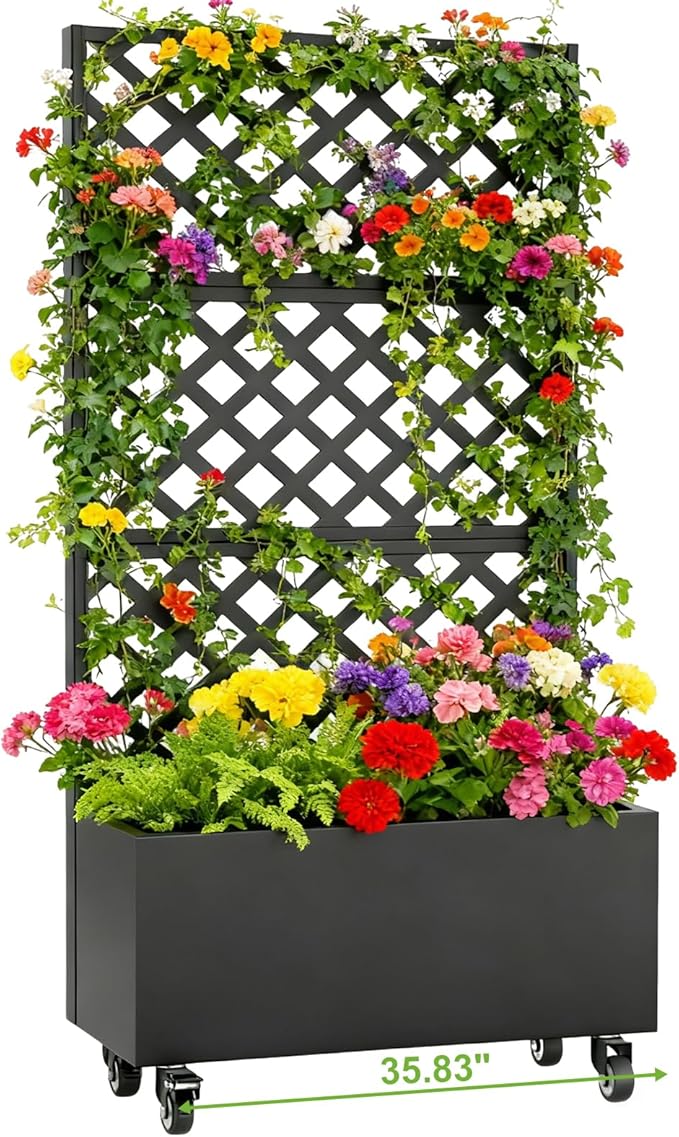 72 Metal Planter Box with Trellis Tall Outdoor Planter Box Raised Garden Bed on Wheels for Climbing Plants Outdoor Flower Planter with Drainage &amp Lockable Casters