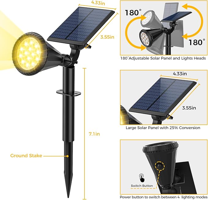 Solar Spot Lights Outdoor 4 Modes/8 Pack Solar Spotlights Waterproof 180° Adjustable Powered Landscape Lights Outdoor Solar Lights for Yard Garden Pathway Flag Tree Wall Statue Warm White